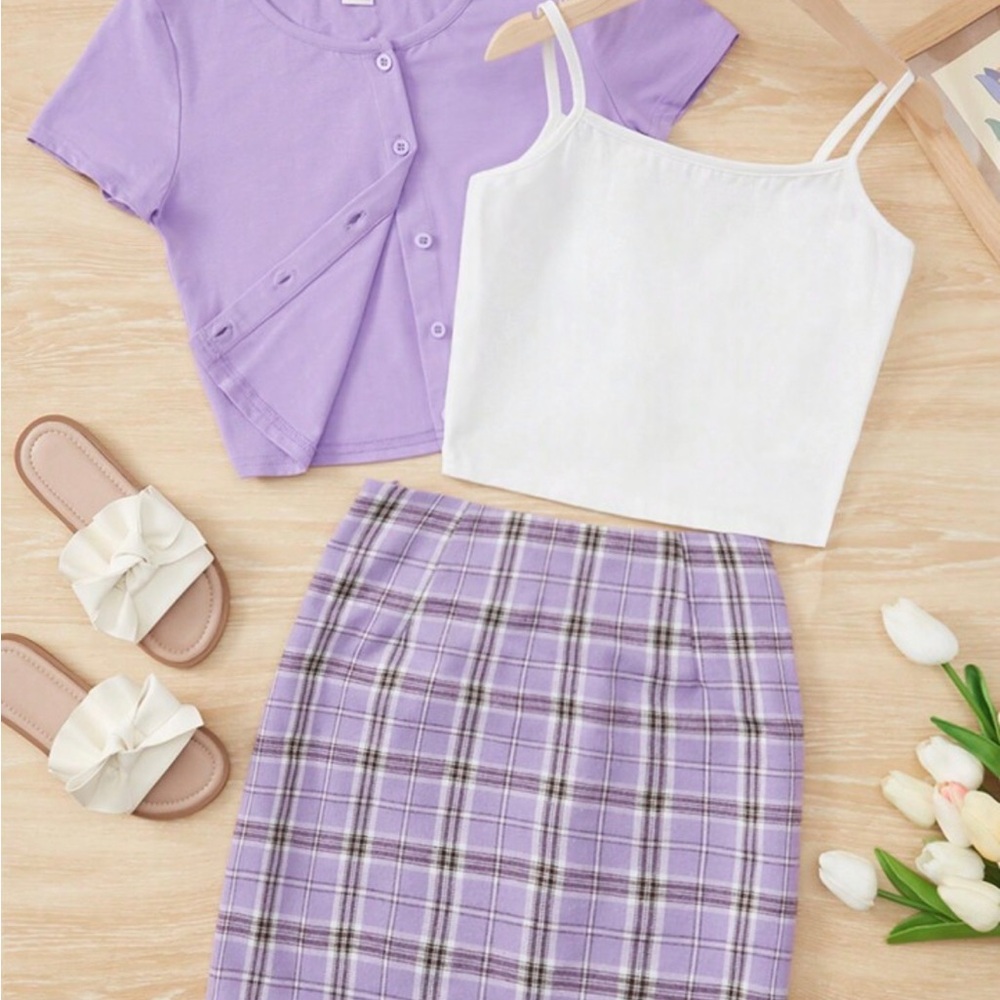SHEIN Teen Purple Plaid Skirt and Button Front Tee